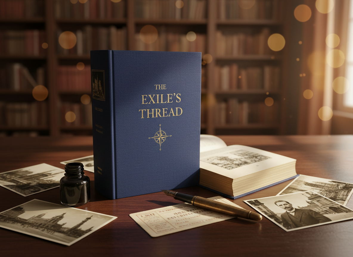 A hardback historical novel with a textured, deep-indigo cloth cover and subtle gold-foil title embossing lies open on a dark wooden table. Around it, a few scattered archival photographs, a worn fountain pen, and a folded train ticket suggest a life interrupted by exile. The setting is a quiet study with tall shelves fading into soft blur. Late-afternoon window light slants across the pages, creating a luminous path of text and gentle shadows. Shot at eye level with a shallow depth of field, the book is in sharp, photographic focus while the background dissolves into warm bokeh, evoking sophistication, memory, and introspective discovery.