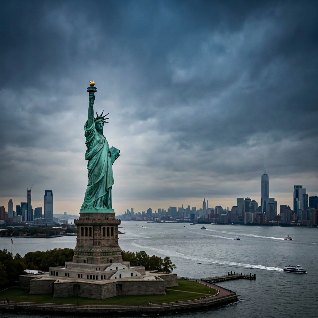 Statue of Liberty surrounded by numerous question marks in the sky above New York City harbor